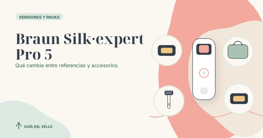 Dispositivo IPL tipo Braun Silk expert Pro 5 rodeado de cabezales, funda y accesorios