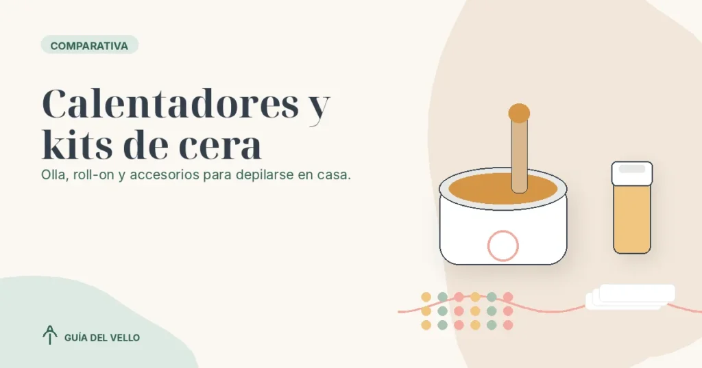 Calentador de cera, roll-on, perlas, espátulas y bandas sobre fondo marfil