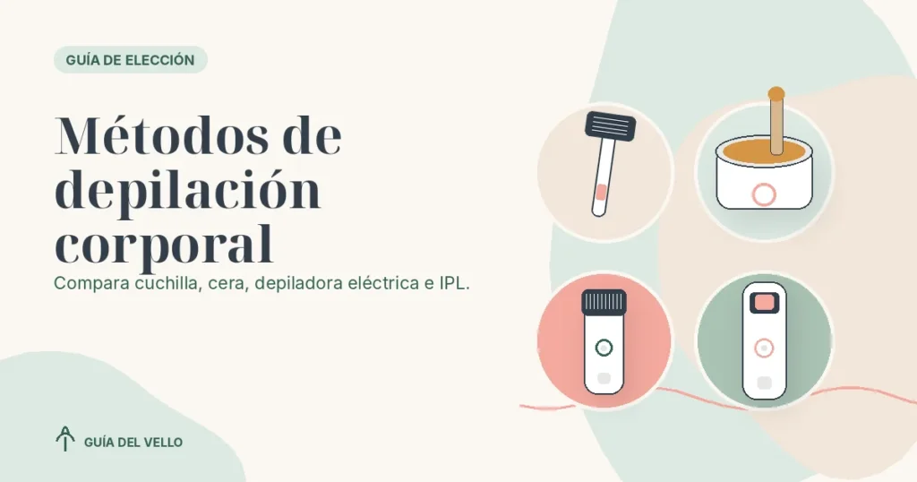 Comparativa visual de métodos de depilación corporal: cuchilla, cera, depiladora eléctrica e IPL
